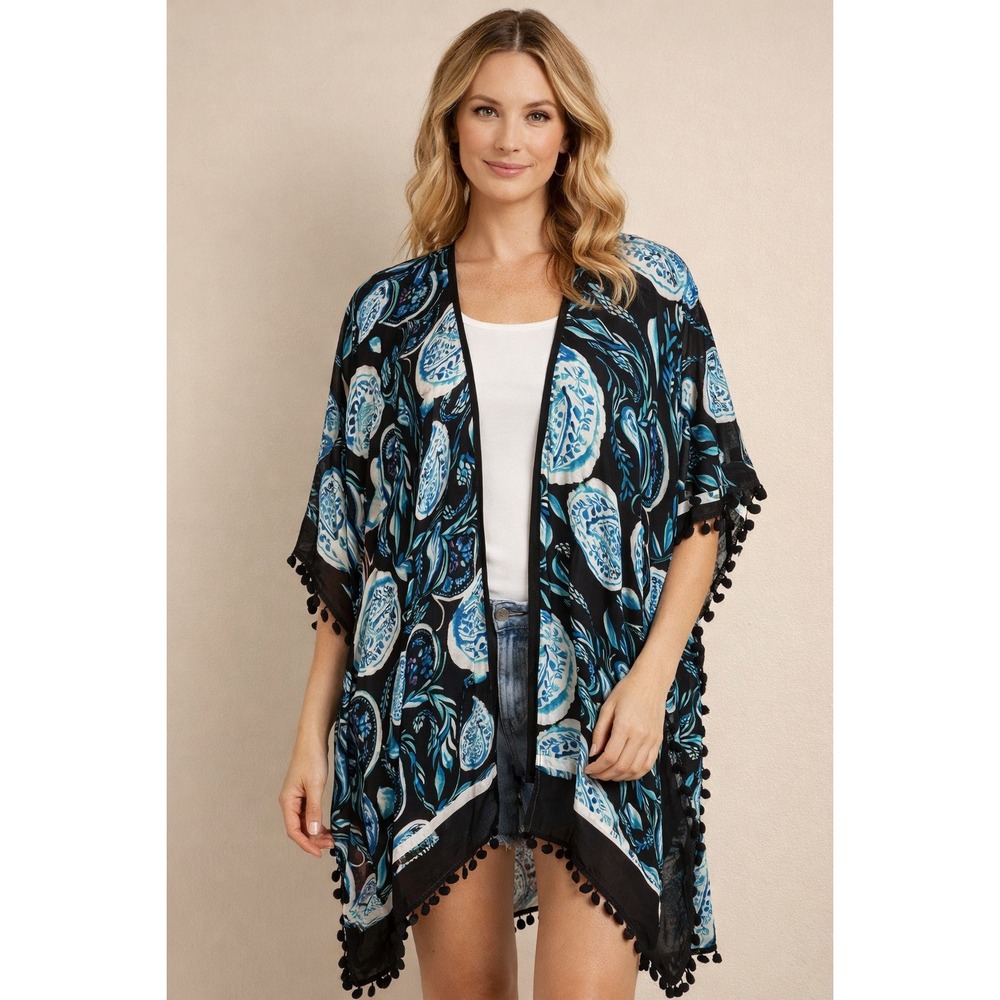 Shiraleah Chicago Belize Kimono Black Turquoise Paisley Pom Pom Trim NWT
